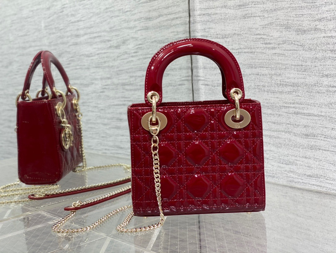 mini lady D*or bag cherry red patent cannage calfskin 6.5 x 6 x 3 inches