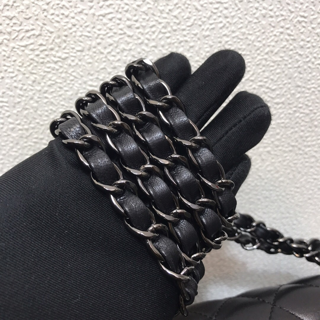 Ch*el crumpled calfskin quited double flap black 15.5x25.5x6.5cm