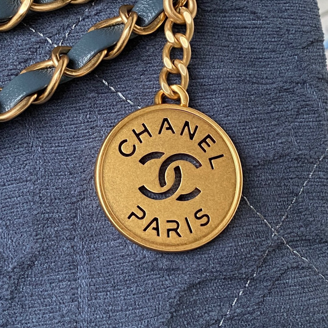 Ch*el 22 small handbag velvet navy 13.7×14.4×2.7 in