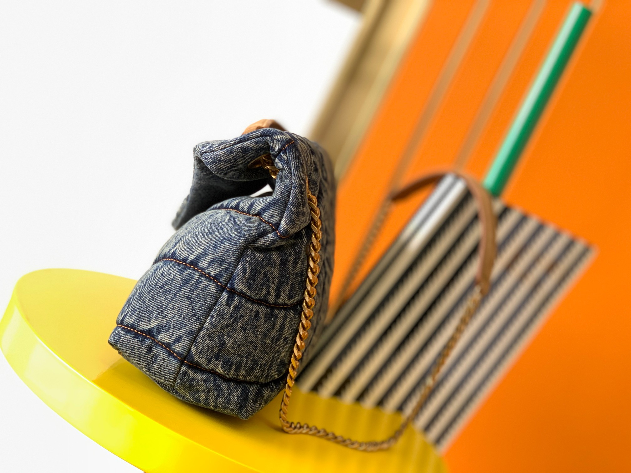 Y*L puffer small in suede and denim rodeo blue 11.4 x 6.6 x 4.3 inches