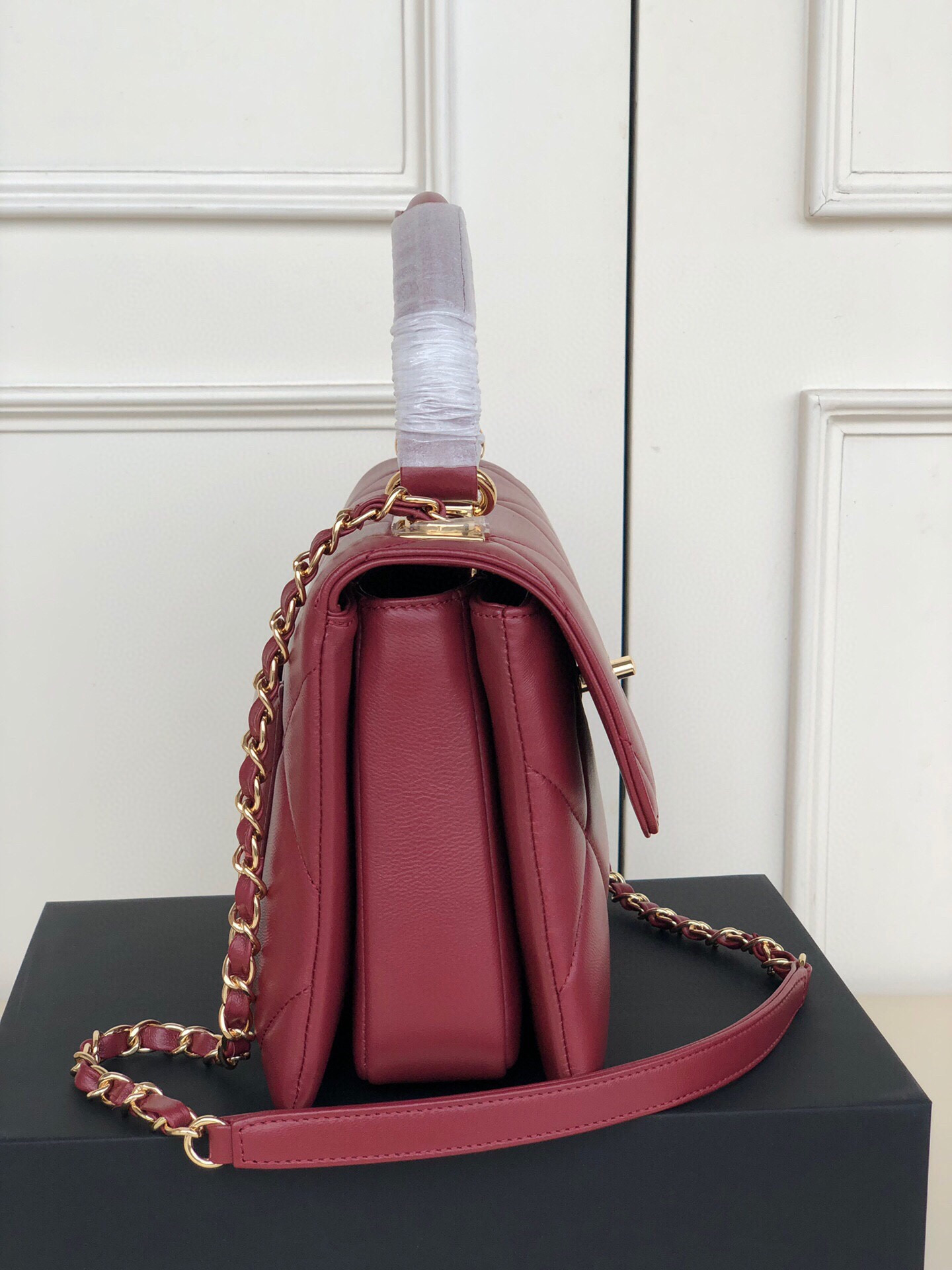 Ch*el flap bag with top handle 6.6 × 9.8 × 4.7 in