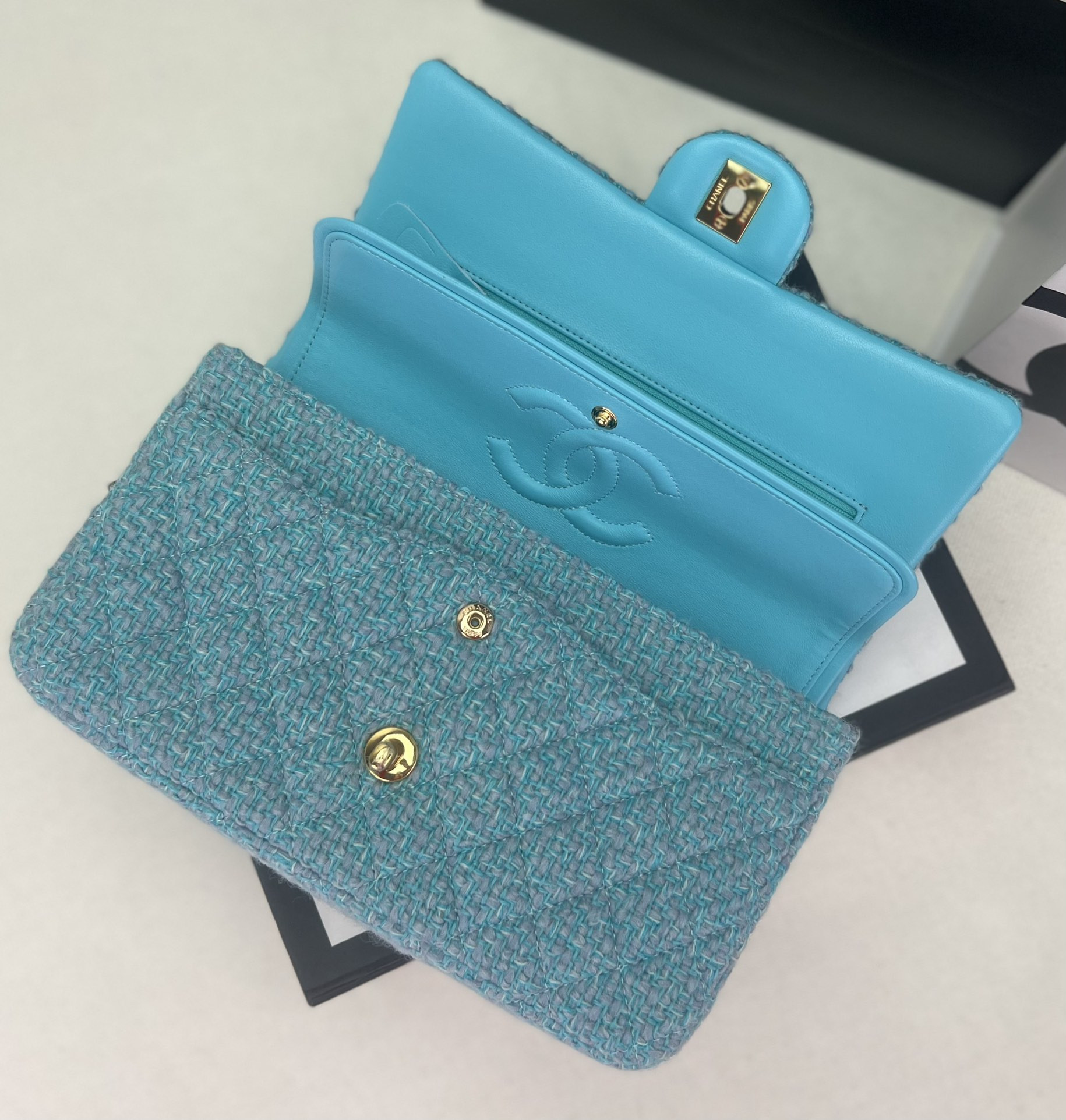 Ch*el classic 11.12 handbag tweed & gold-tone metal 6 × 9.9 × 2.5 in