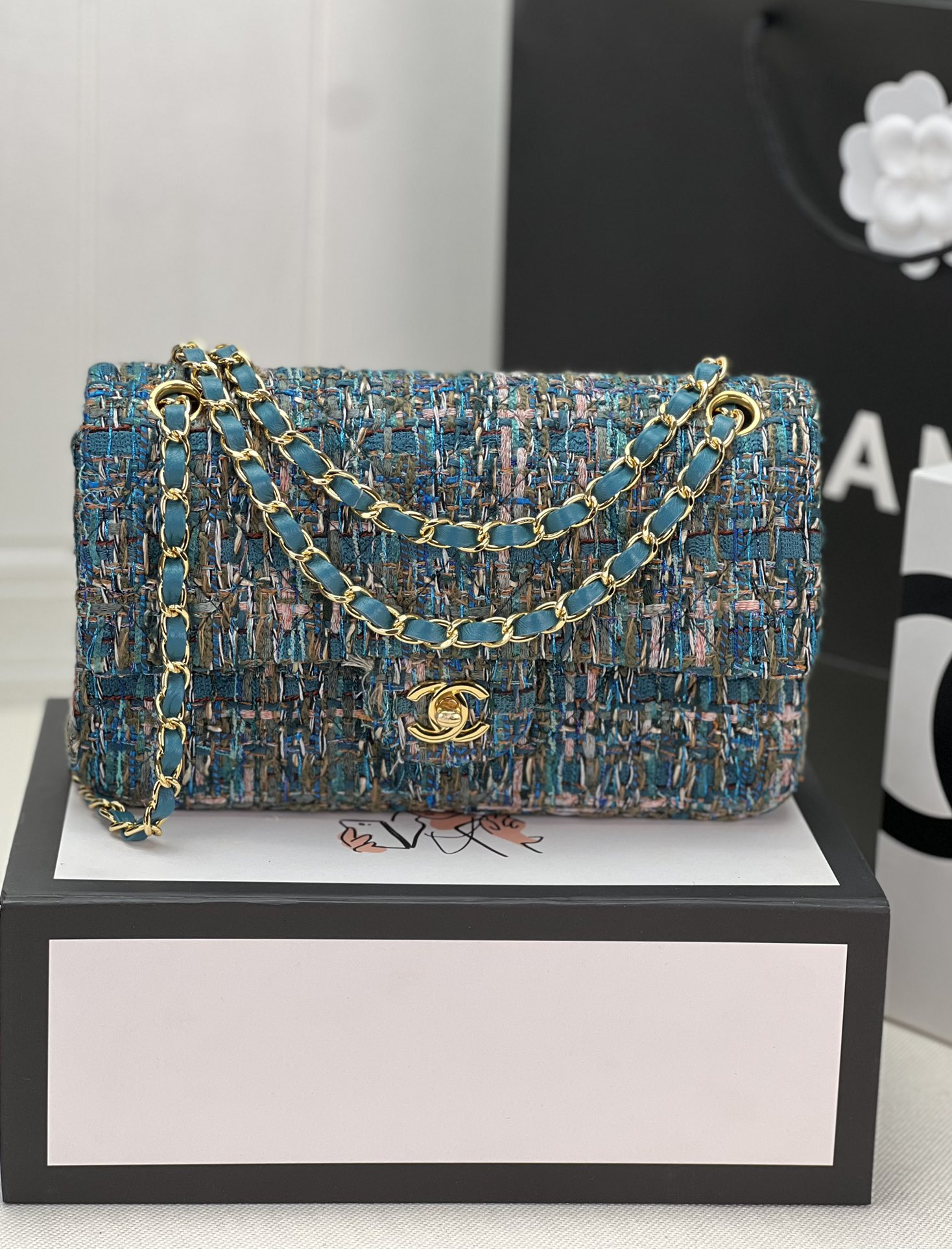 Ch*el classic 11.12 handbag tweed & gold-tone metal 6 × 9.9 × 2.5 in