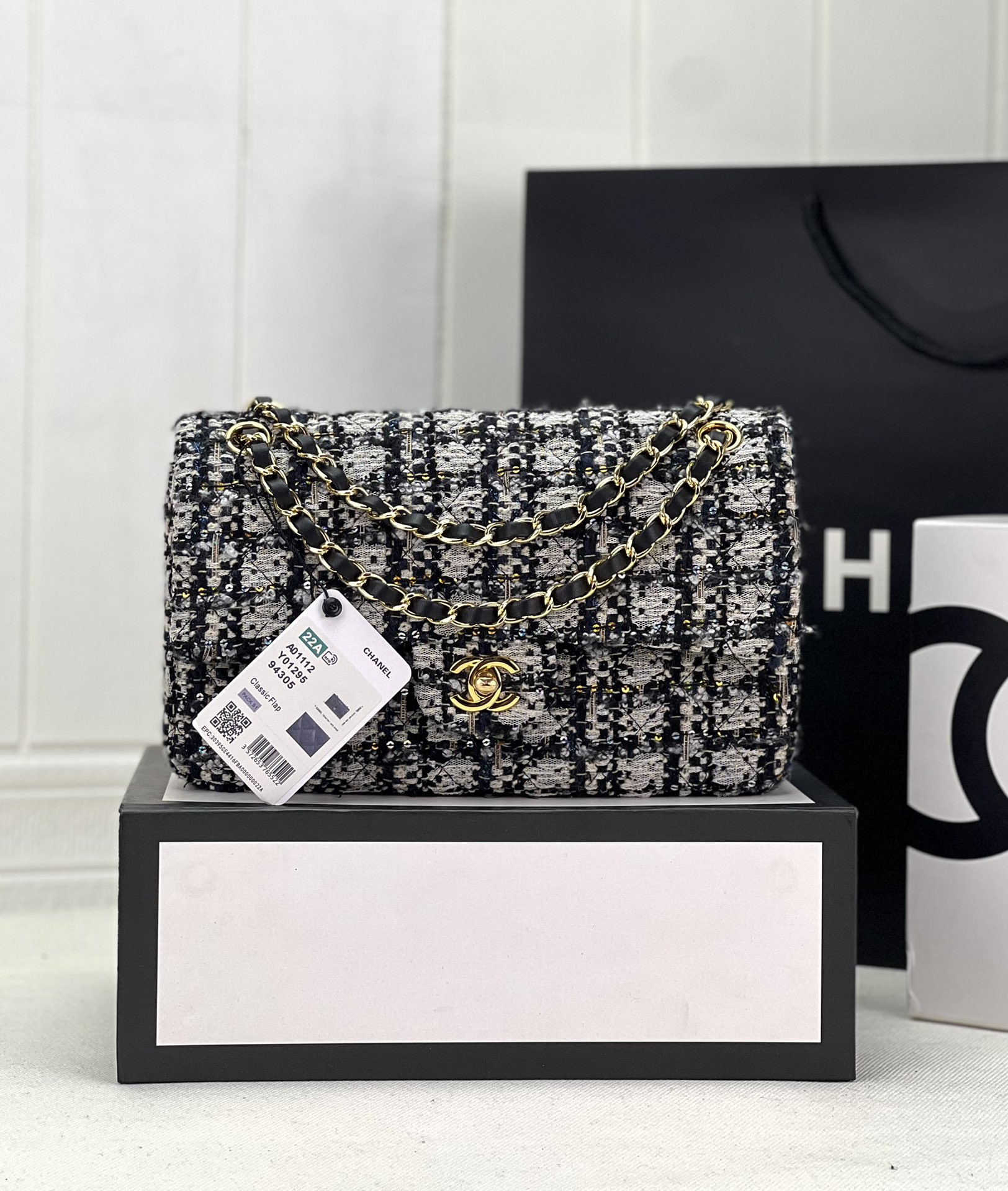 Ch*el classic 11.12 handbag tweed & gold-tone metal 6 × 9.9 × 2.5 in