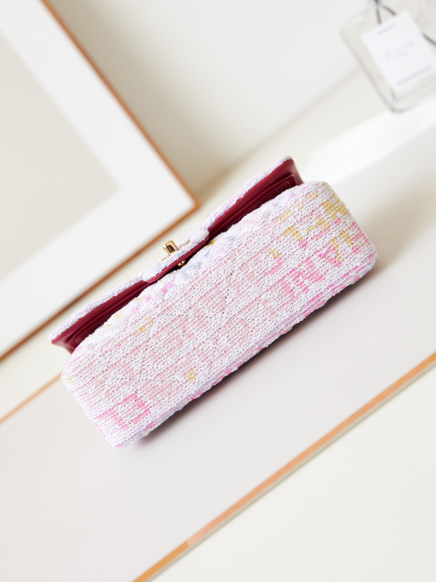 Ch*el quilted pink multicolor tweed rectangular flap bag 14.5 × 23 × 6 cm